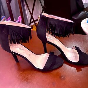 Black Faux Suede Open Toe Heels with Back Zipper and Ankle Strap